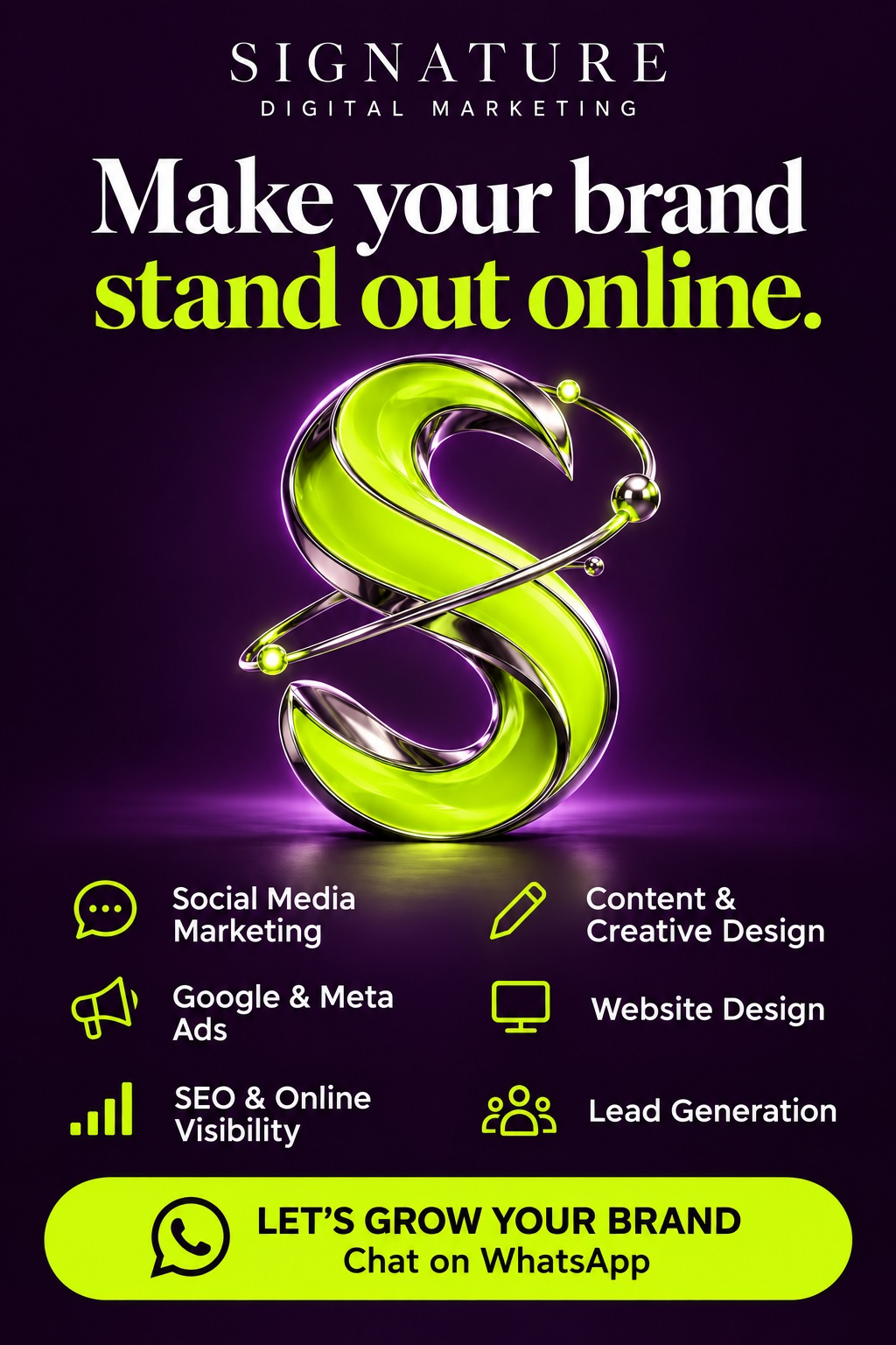 Signature Digital Marketing: Make your brand stand out online. Social Media Marketing; Google & Meta Ads; SEO & Online Visibility; Content & Creative Design; Website Design; Lead Generation. Let’s grow your brand. Chat on WhatsApp.